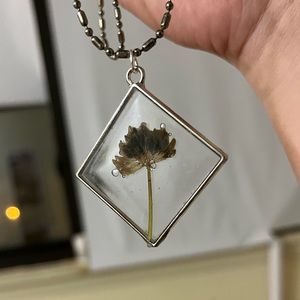 HANDMADE square diamond shape necklace with pressed clover